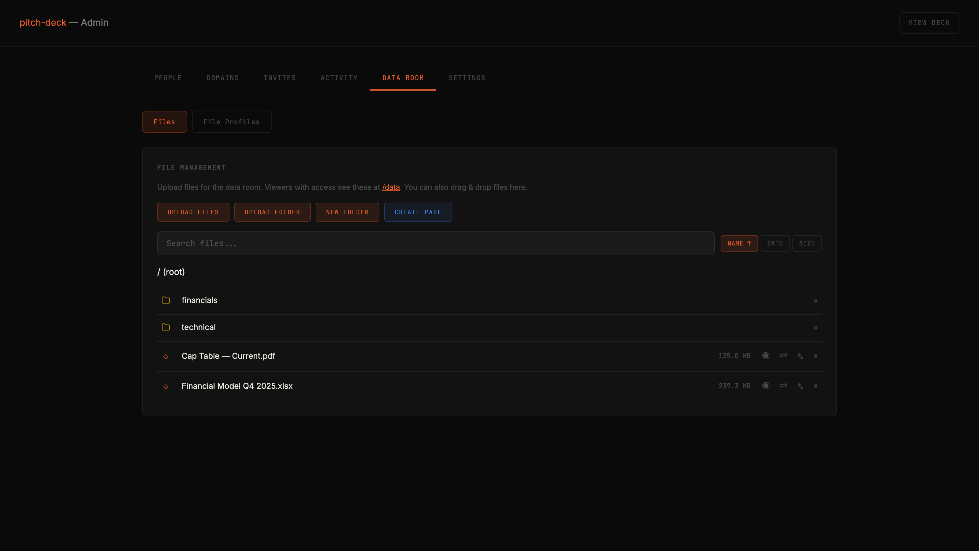 Data room file manager with folders, uploads, and access controls